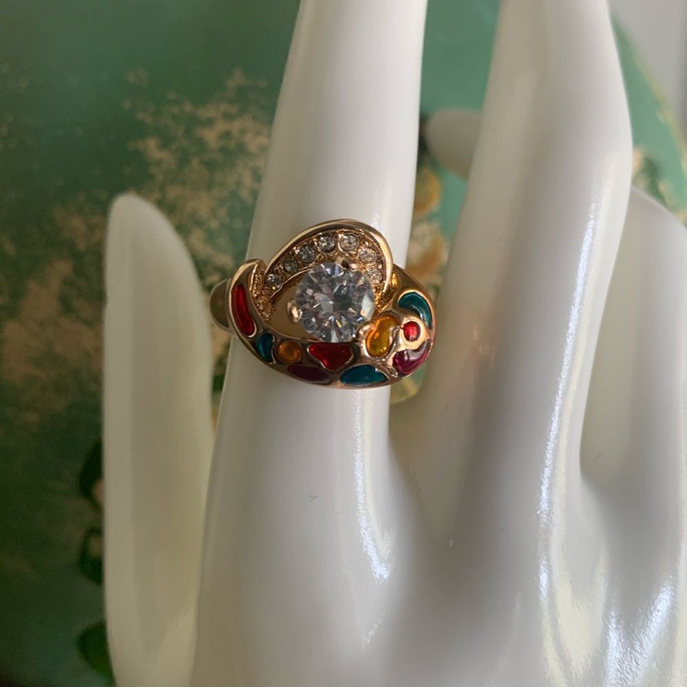 Gorgeous CZ Solitaire and Multicolored Mosaic ring, in Gold, Stamped